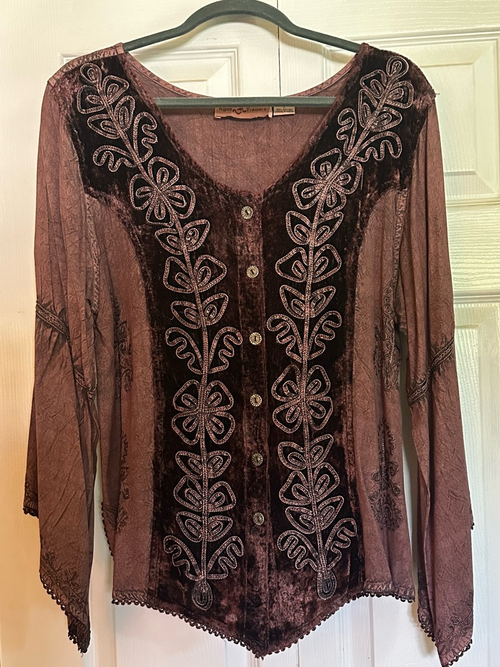 Agan Traders  Velvet Embroidered Button-Front Long Sleeve Top in brown.